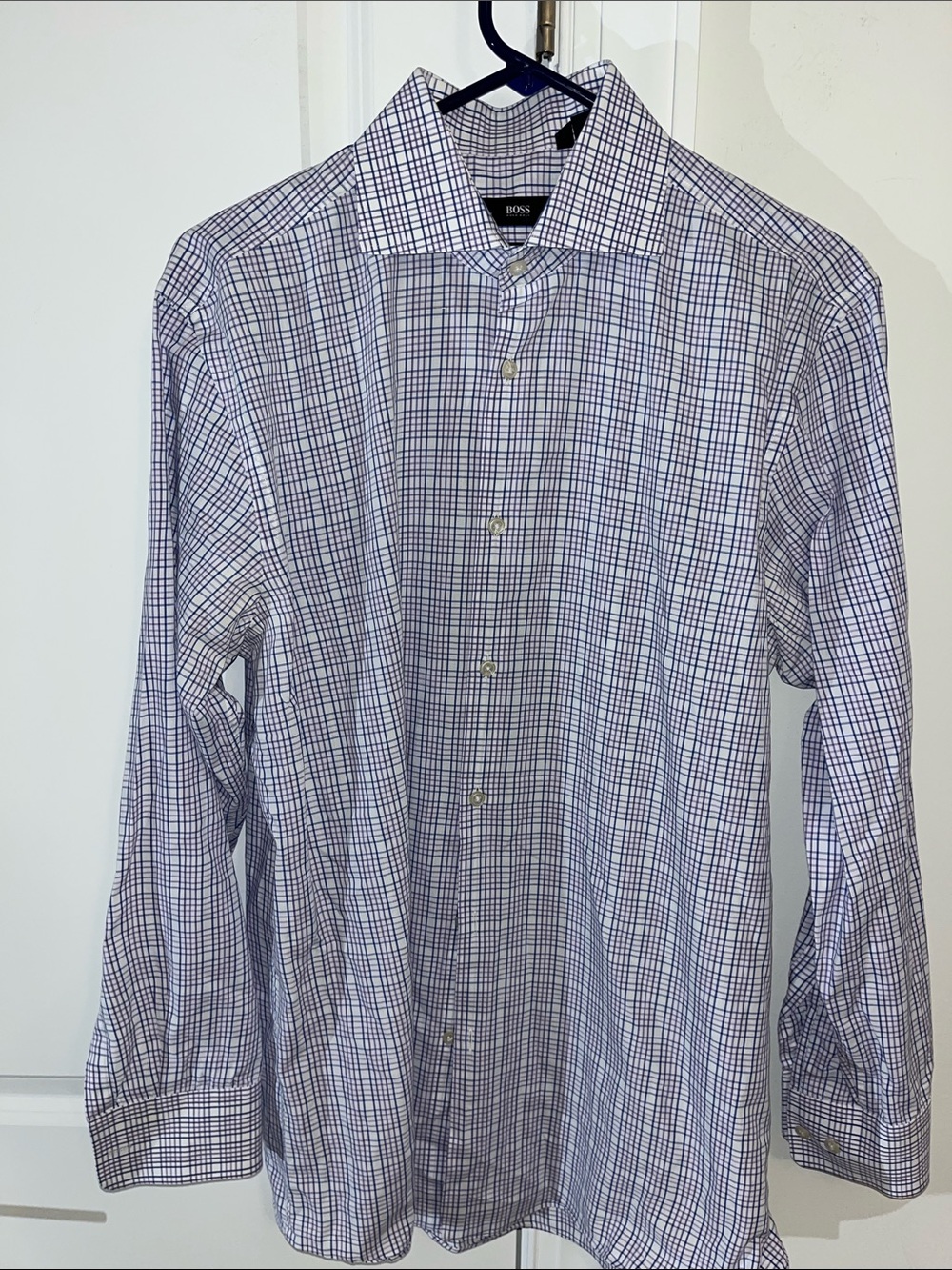 Beautiful Purple Blue Plaid Check Hugo Boss Dress Shirt 16 x 32/33 Sharp Fit